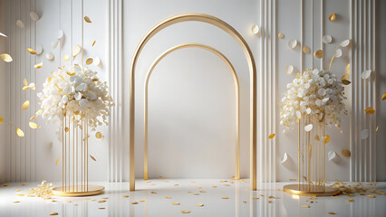  Minimal white wedding backdrop with soft gold arches, floating petals 