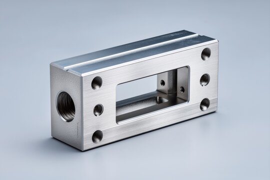 Macro photo of a precision WR-10 microwave waveguide section with hollow rectangular cavity and threaded RF flange holes