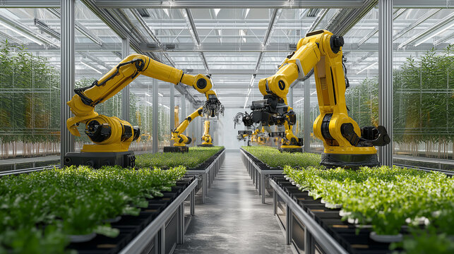 A futuristic greenhouse farm with robots harvesting organic vegetables