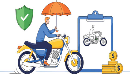 Motorcycle Insurance and Financial Protection Concept Vector Illustration with Biker Riding Under Umbrella and Policy Document for Safety
