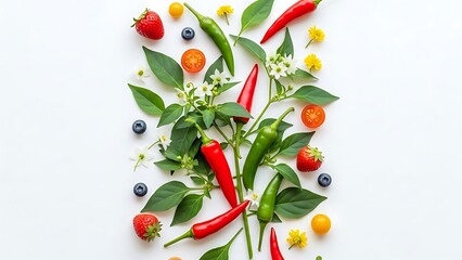 Vibrant fresh chili peppers strawberries blueberries and cherry tomatoes arranged artistically on a white background