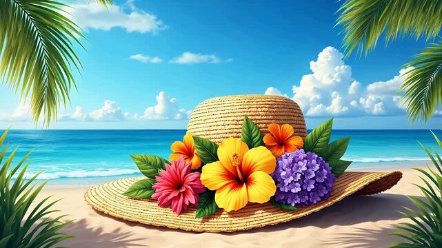 Beach hat with flowers on sandy shore