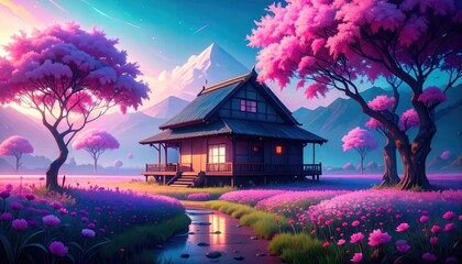 A traditional house in a vibrant floral landscape with a snowy mountain peak.