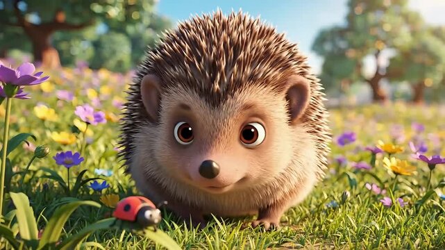 Adorable hedgehog sweetly dreaming in a meadow of colorful wildflowers under the warm summer sun