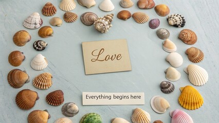 Overhead Seashell Arrangement with Love Message and Text