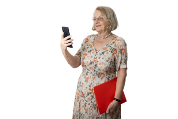Senior woman having video call on smartphone, transparent background