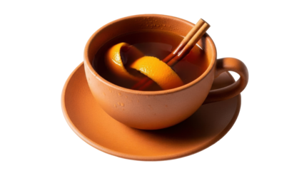 Isolated mulled cider tea drink in ceramic mug, spiced with cinnamon sticks and orange peel