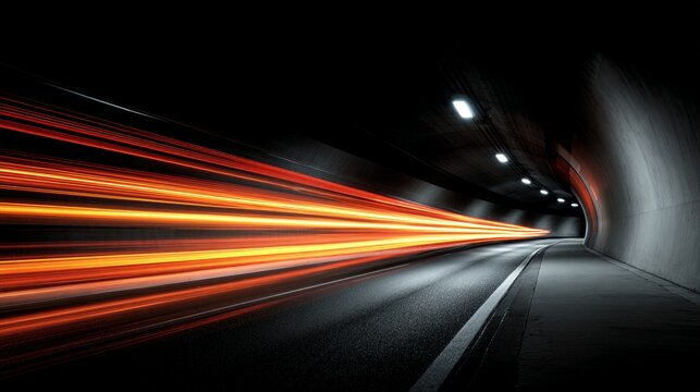 Speeding through a tunnel, this dynamic image showcases vibrant light trails against a dark background, illustrating motion and energy in urban environments. - Powered by Adobe