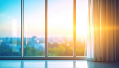 Golden sunlight streams through expansive , illuminating a room with a scenic view.