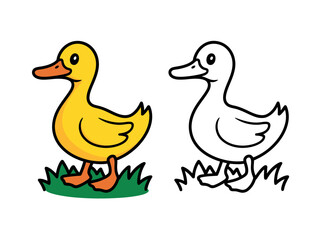 A cheerful yellow cartoon duck stands beside a black and white outline of a duck, both depicted in a grassy environment.