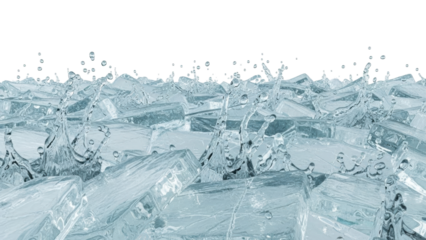 Isolated ice cubes with water droplets on top, crisp refreshing clear cold drink element