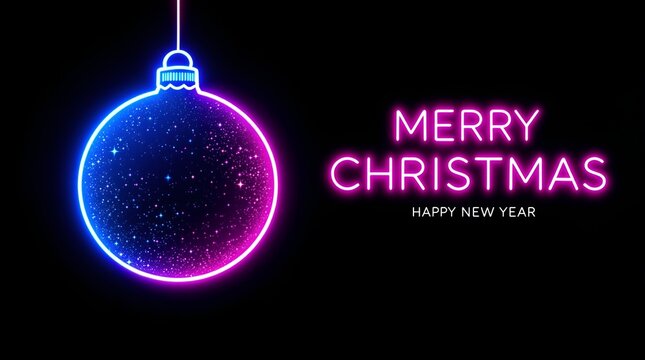 glowing Christmas ornament with a speckled surface on the left and the text "MERRY CHRISTMAS HAPPY NEW YEAR" in pink neon lights on the right, against a black background.