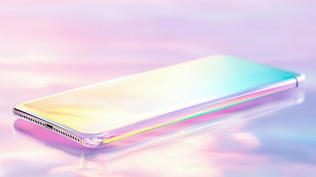 A modern smartphone rests on a reflective surface, illuminated by colorful, iridescent lighting, creating a futuristic and stylish aesthetic. - Powered by Adobe