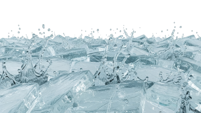 Isolated ice cubes with water droplets on top, crisp refreshing clear cold drink element