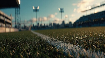 Close up view of soccer field grass and the white line