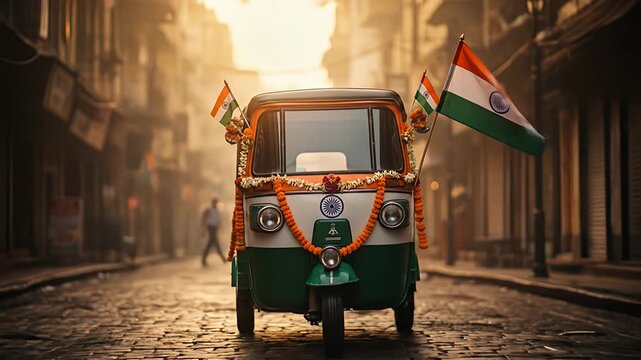 Indian auto rickshaw with patriotic decorations on an urban street 