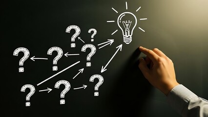 Hand pointing to a light bulb drawn on a chalkboard with question marks and connecting arrows