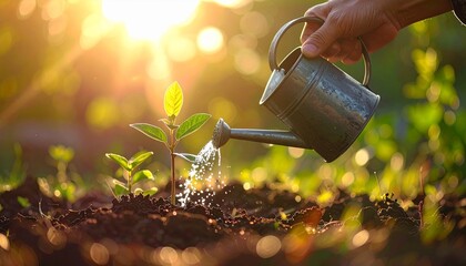 Watering a young plant with a metal watering can, morning sunlight bokeh, green lifestyle, climate change solution, clean environmental theme, 