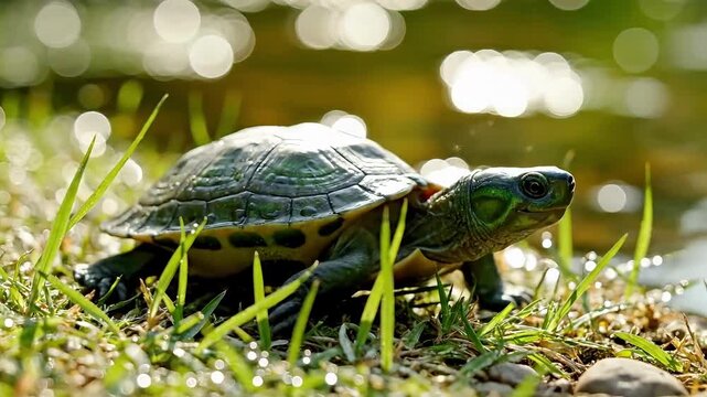 Tiny turtle exploring sunlit waterside habitat, nature's beauty in motion, environmental awareness video