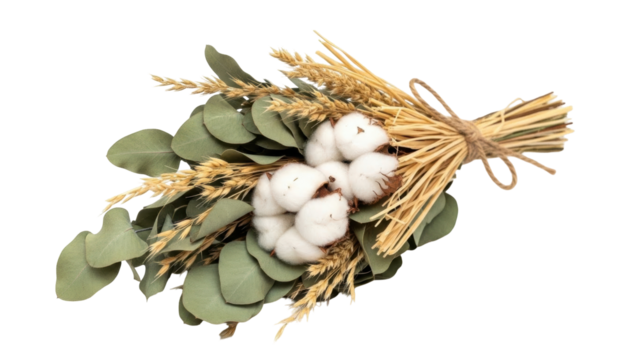 Isolated still life of dried cotton flowers, wheat ears, and eucalyptus leaves tied with string