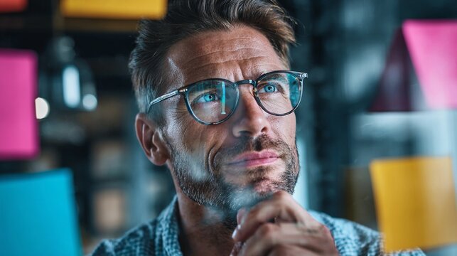 A thoughtful man gazes at colorful sticky notes, symbolizing creativity and idea generation in a modern office environment, highlighting inspiration and innovation today.