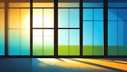 Sunlight fills a large window, casting shadows on the floor, revealing a vibrant outdoor landscape.