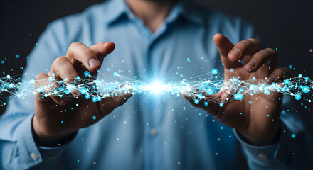 Innovative hands connecting modern technology network with digital future now