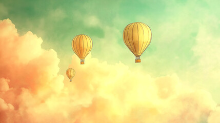 Fototapeta premium Vintage watercolor hot air balloons gracefully drifting above soft pastel clouds in a serene sky