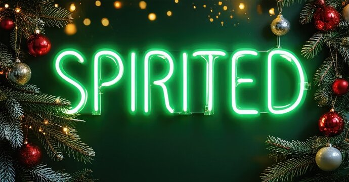 Bright neon sign spells Spirited. Festive evergreen branches, ornaments surround glowing text. Holiday season vibes present.