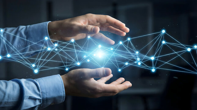 Hands holding glowing digital network connection, representing modern technology