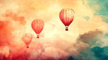 Obraz premium Vintage watercolor hot air balloons gracefully soaring above colorful clouds at sunset
