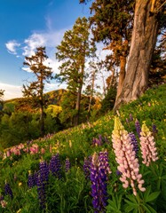 Vibrant purple and pink lupine flowers bloom on a sunny hillside with tall trees and a blue sky.