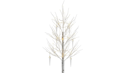 Isolated lighted birch tree with glass icicle ornaments for winter and holiday decor