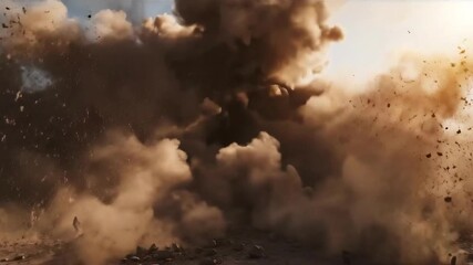 A powerful ground-level explosion creating a massive expanding cloud of dust and debris across a barren rocky desert landscape under a clear sky showcasing raw force and environmental impact - Powered by Adobe