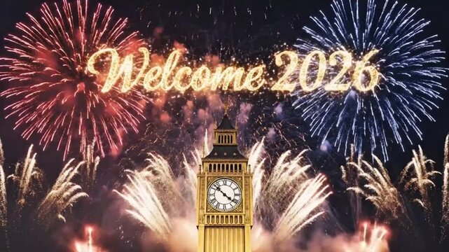 Welcome 2026 &ndash; London Big Ben Fireworks Celebration New Year&rsquo;s Eve Night 8K Wallpaper
