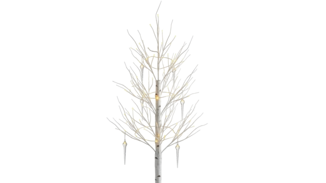 Isolated lighted birch tree with glass icicle ornaments for winter and holiday decor
