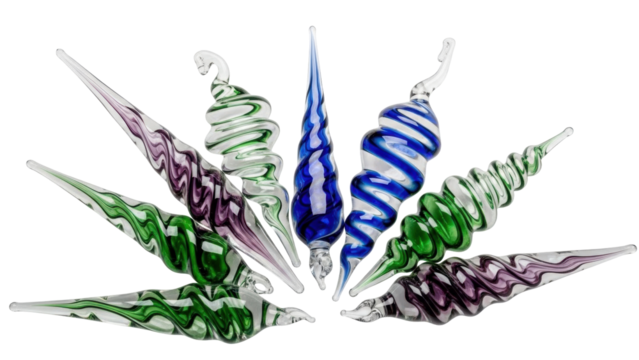 Isolated set of hand blown glass spiral Christmas ornaments holiday decorations in various colors