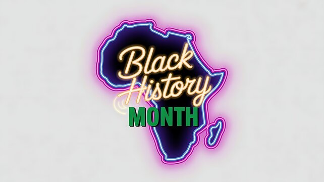 Neon outline of the african continent map with black history month text inside, isolated on white background