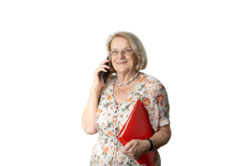 Senior businesswoman communicating on phone with red folder