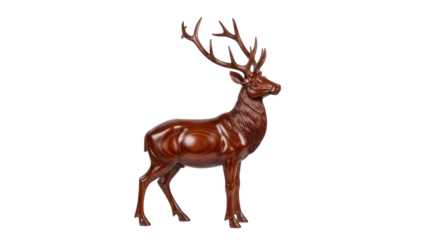 Isolated wooden stag figurine in side view stands regally, a carved deer with antlers aloft