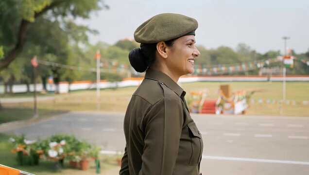 Indian military personnel outdoors transitioning from close up portrait to rear wide shot on parade ground with Republic Day decorations in bright daylight