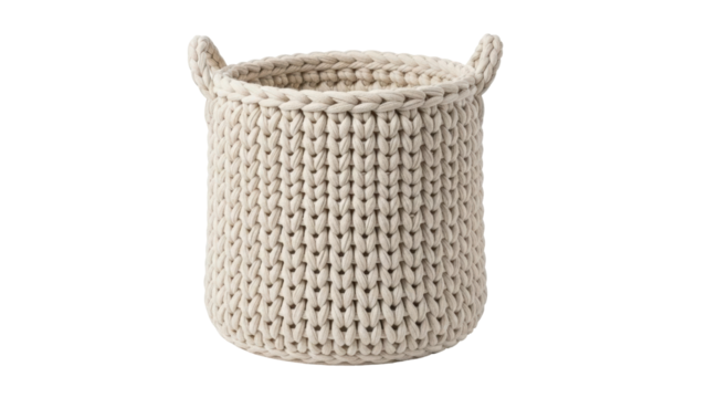 Isolated ivory cotton rope basket with handles for home decor, simple style organizer