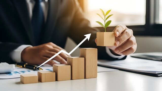 A business person showing growth with wooden blocks and a plant on a desk with an arrow