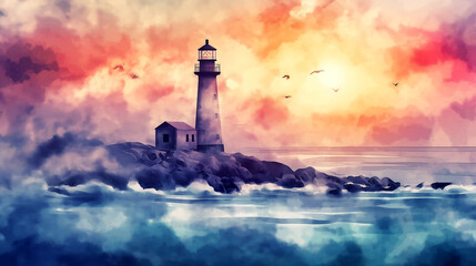 Watercolor depiction of a lighthouse on a rocky coast under a misty sunset with vibrant colors