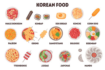 Korean food vector drawing collection. Flat style. Hand drawn top view Korean food dishes vector illustration.
