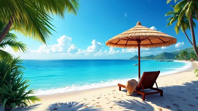 Tropical beach with lounge chair and umbrella