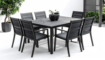 Fototapeta premium Outdoor black square dining set with eight chairs