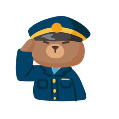 Cartoon bear in a blue uniform and hat saluting, isolated on white background.