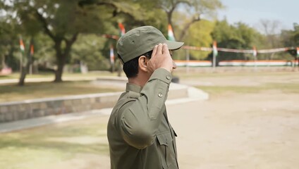 Indian military personnel giving a friendly salute with transition to parade ground