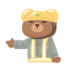 Cartoon bear wearing a construction hat and safety vest, gesturing with its hand.